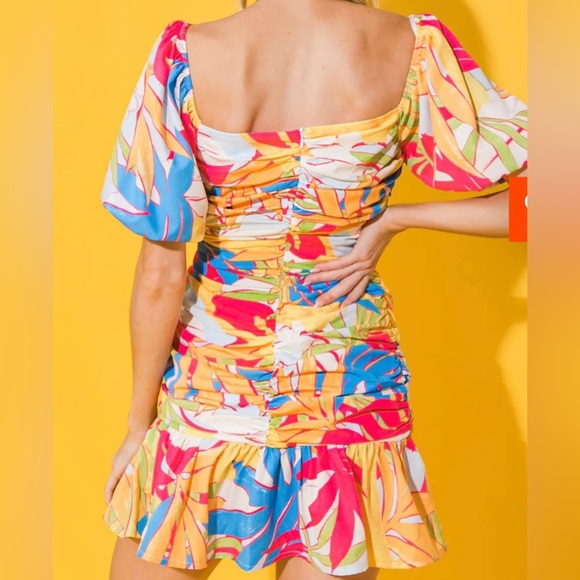 Flying Tomato Womens Sz L Mini Dress Colorful Vacation Tropical Puff Sleeve - Picture 5 of 12